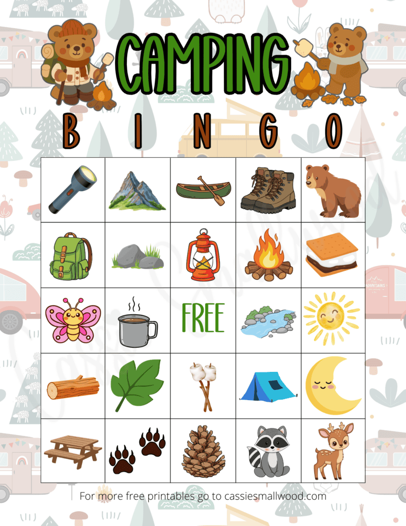 free printable camping bingo patterns screen-free camping ideas for kids, summer camp activities for kids, camping games free printable pdf