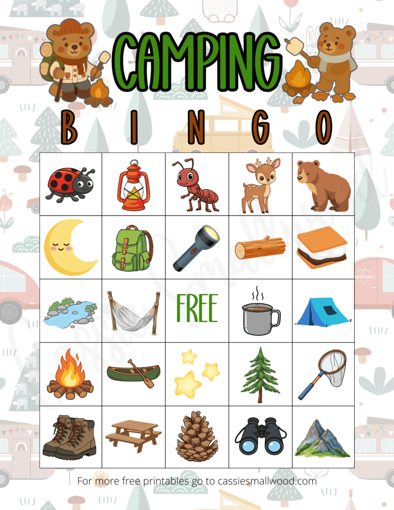 free camping bingo printable camping activity for kids, camping themed bingo board fun summer camp activity