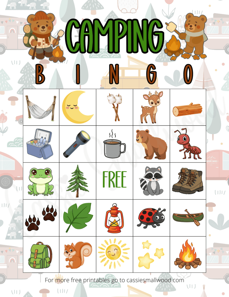 free camping bingo printable summer camp idea, camping games for kids screen-free, nature bingo cards for kids, kindergarten camping bingo