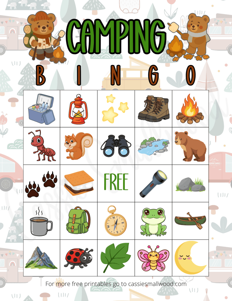 free printable camping bingo sheet summer camp game, summer camp activities ideas, fun camping games, preschool camping bingo cards