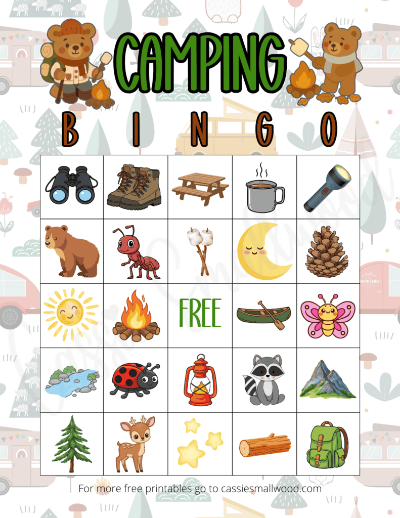 camping bingo summer camp game free printable pdf, camping themed bingo boards, bingo printable camping activities