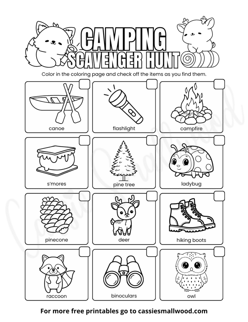 camping scavenger hunt for kids coloring page free printable pdf, campground scavenger hunt list, free printable camping scavenger hunt template, children's camping treasure hunt items for camping trip