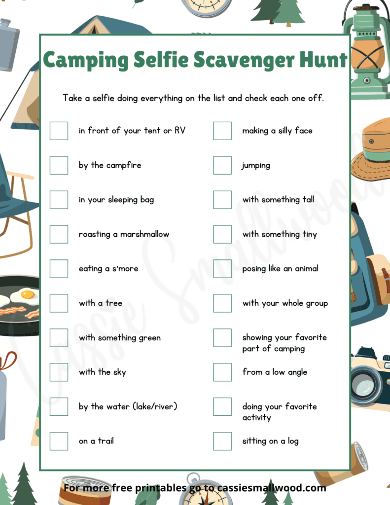 free printable camping selfie scavenger hunt pdf, campground scavenger hunt for kids, selfie scavenger hunt for summer camp, fun family camping trip scavenger hunt