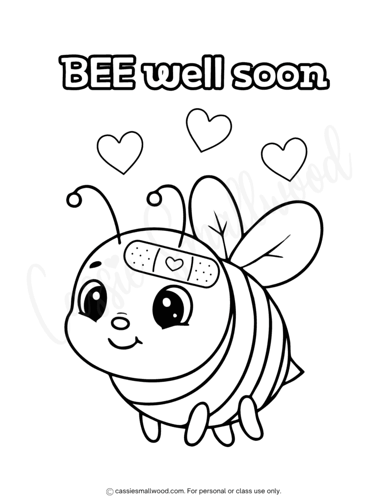 bee cute get well soon coloring sheet for kids free printable pdf, cute feel better coloring pages for kids, speedy recovery coloring page surgery or hospital stay