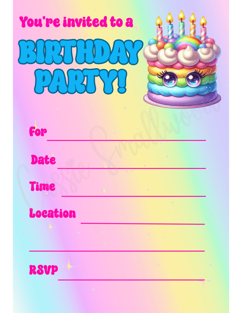 Cute birthday invitation template free printable pdf, rainbow birthday invite for girls, kawaii birthday invitations downloadable pdf, cute birthday party invitation blank free printable