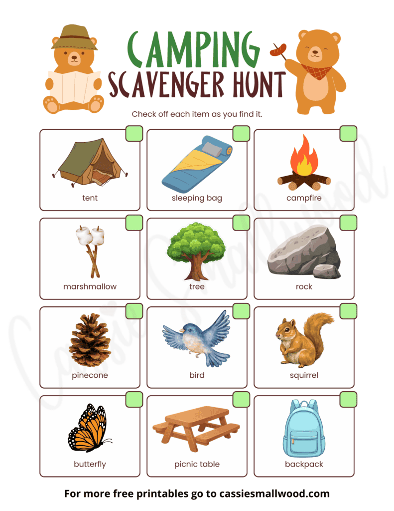 easy camping scavenger hunt free printable pdf, preschool camping scavenger hunt, free printable campground scavenger hunt toddler, outdoor camping scavenger hunt for kids summer camp