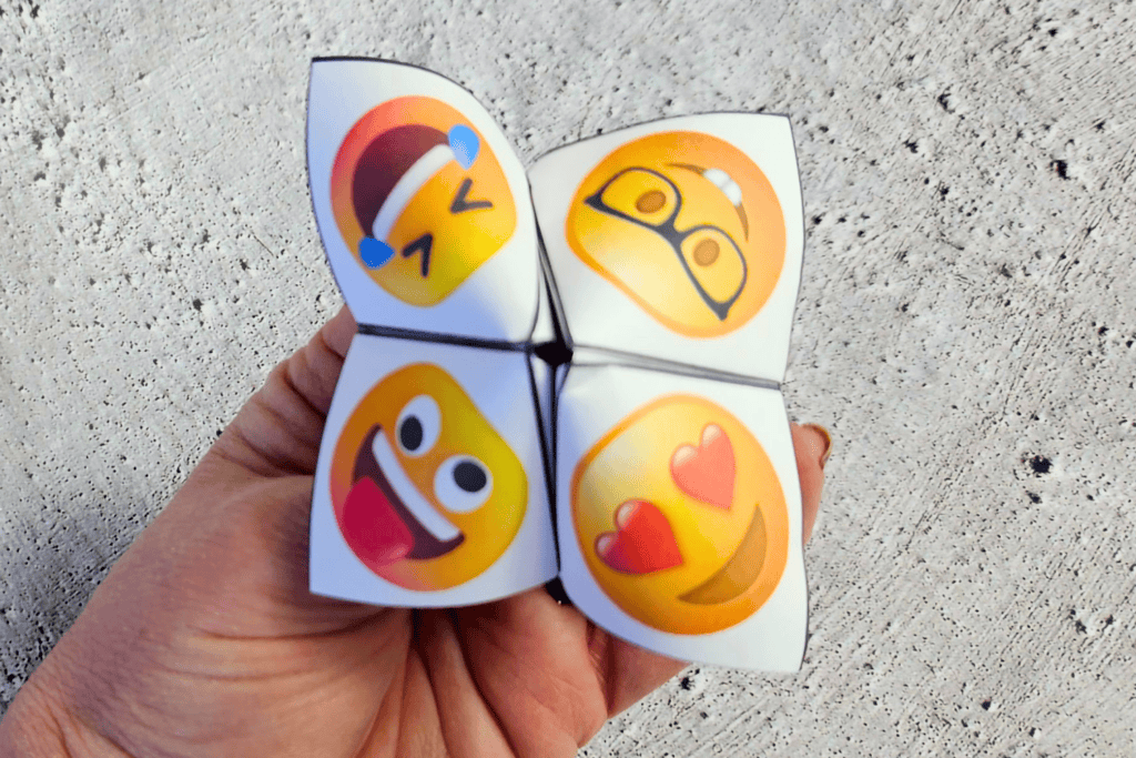 cute emoji truth or dare cootie catcher free printable pdf, emoji cootie catcher, truth or dare paper fortune teller free printable pdf, fun sleepover game for kids