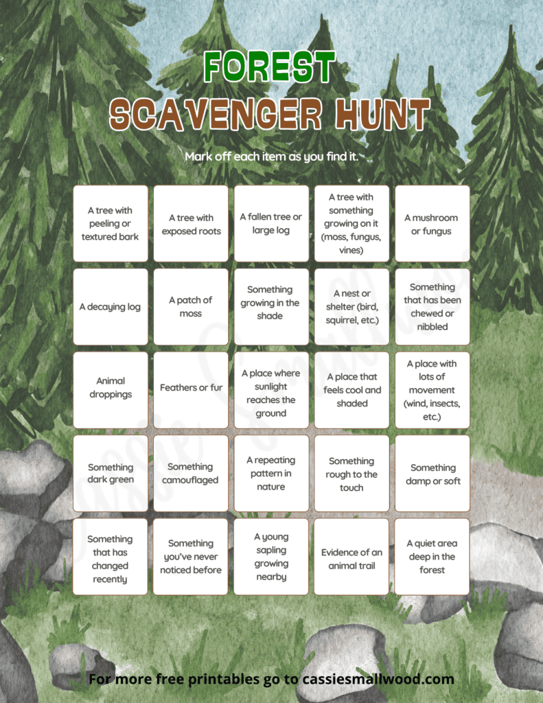 forest scavenger hunt for older kids free printable pdf, summer nature scavenger hunt for kids, camping scavenger hunt free printable pdf, hard nature scavenger hunt 4th grade, 5th grade, middle school