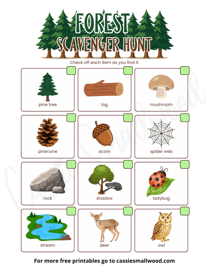 forest scavenger hunt for preschool and kindergarten kids free printable pdf, outdoor nature scavenger hunt easy for toddlers, summer outdoor activity for preschool, simple forest nature scavenger hunt for kids