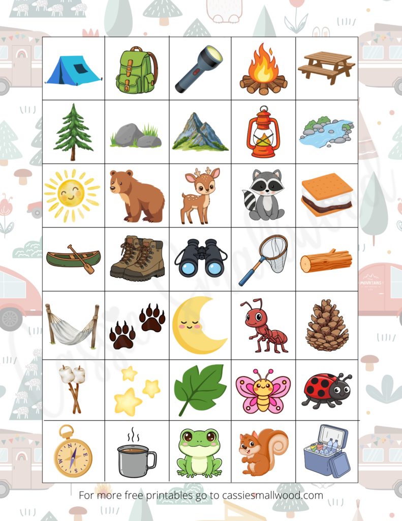 free printable camping bingo call card pdf, camping themed bingo game summer camp activity, fun camping game for kids