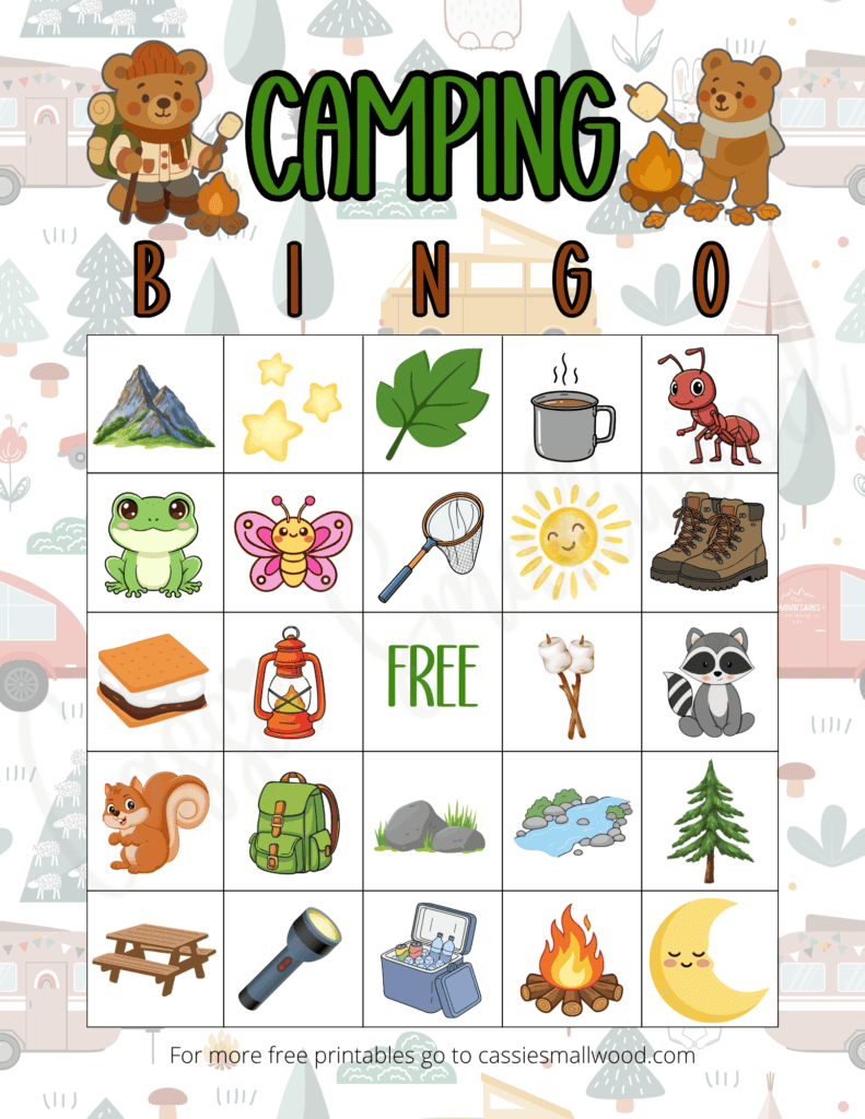 free printable camping bingo game for kids pdf, camping activity for kids, summer camp game for kids