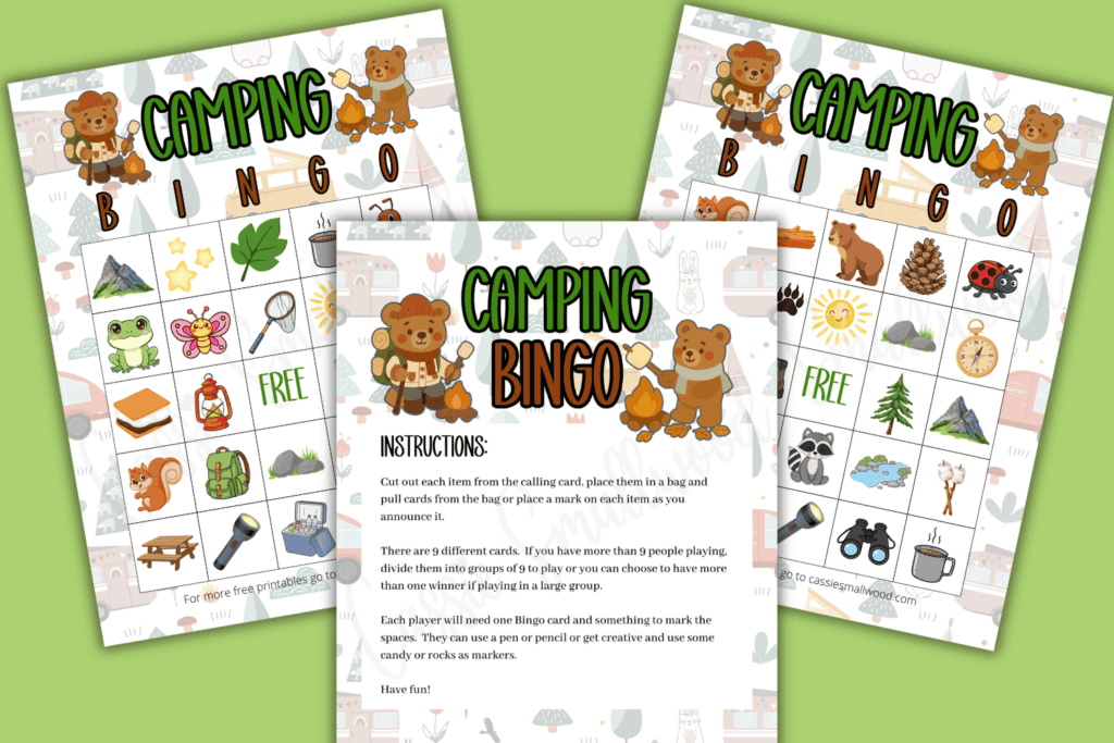 free printable camping bingo game for kids pdf, summer camp activities, camping games for kids, fun camping activites screen-free, camping themed bingo cards free printable