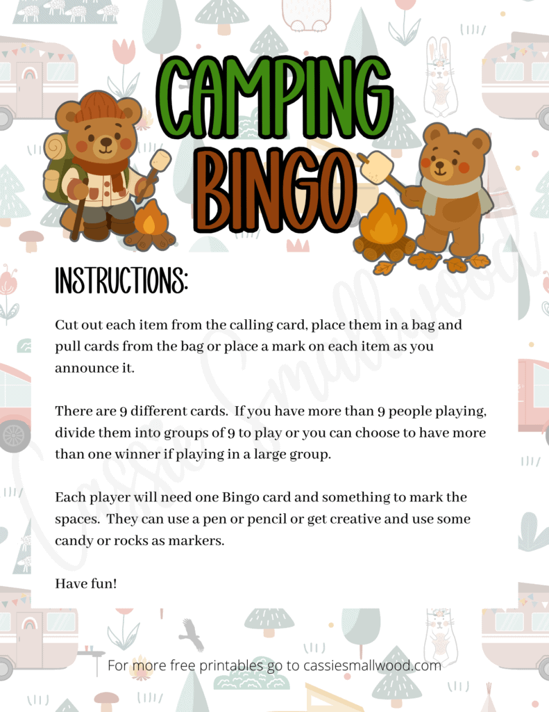 free printable camping bingo instructions pdf, camping game for kids camping themed bingo sheets