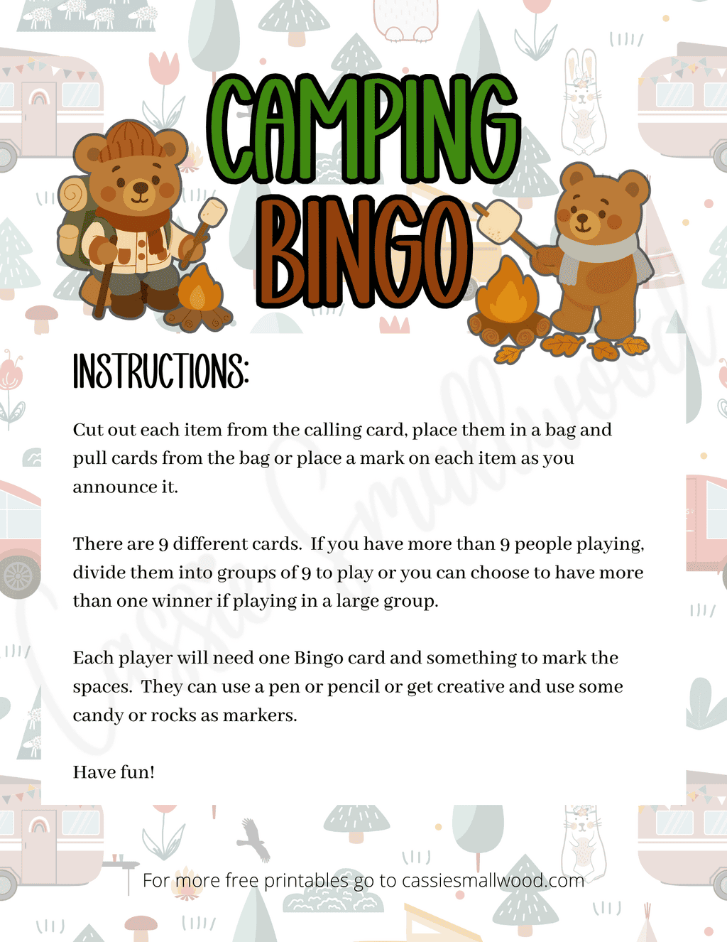 Camping Bingo FREE Printable (Fun Game for Kids at the Campsite ...