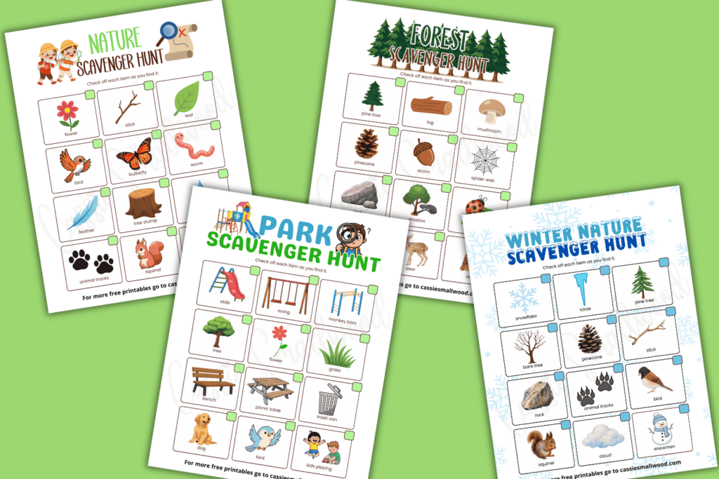 free printable easy nature scavenger hunts preschool, free printable pdf simple nature scavenger hunts kindergarten, nature treasure hunt for kids outdoor activity for summer, winter and spring