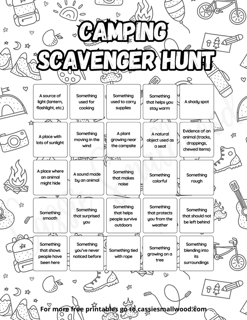 Hard camping scavenger hunt free printable pdf, campground scavenger hunt for teens and middle school kids, family camping scavenger hunt list