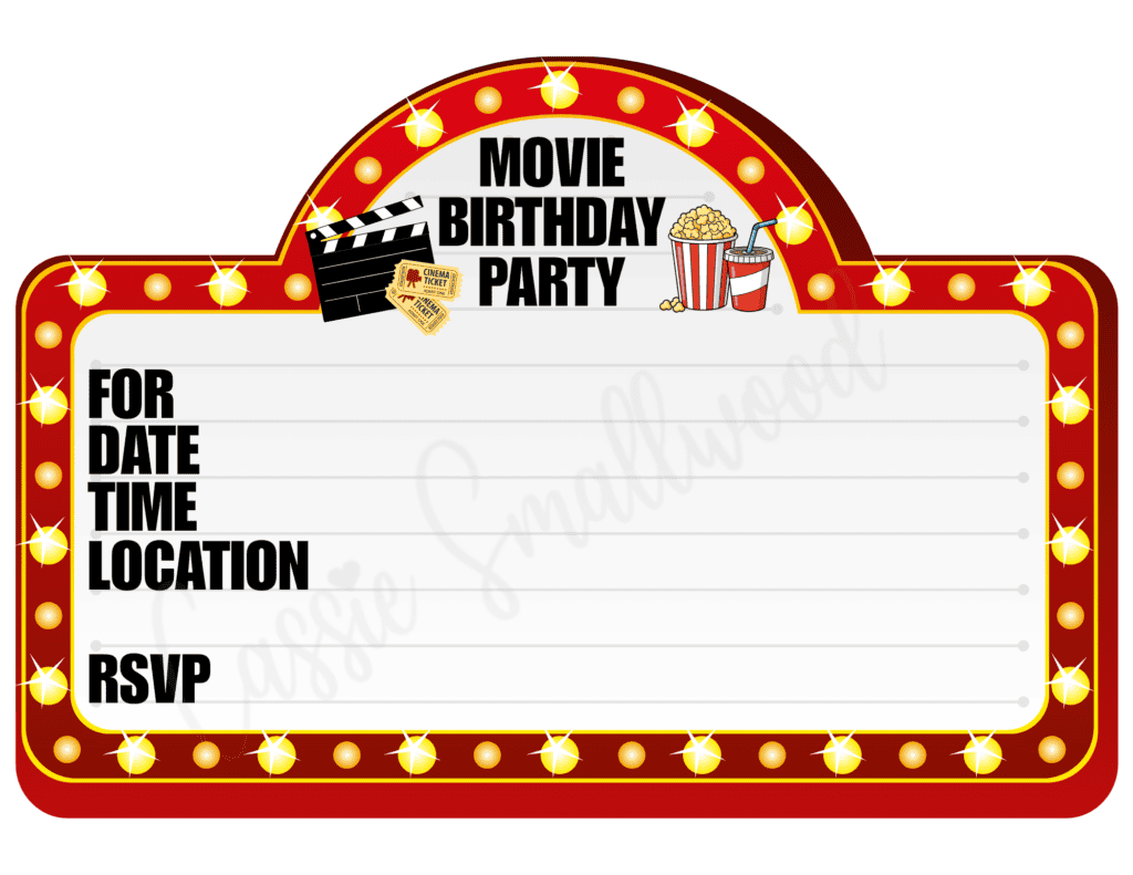cute movie birthday invitations free printable pdf, cinema birthday party invitations for kids, movie birthday invites, cinema birthday party invites template downloadbale