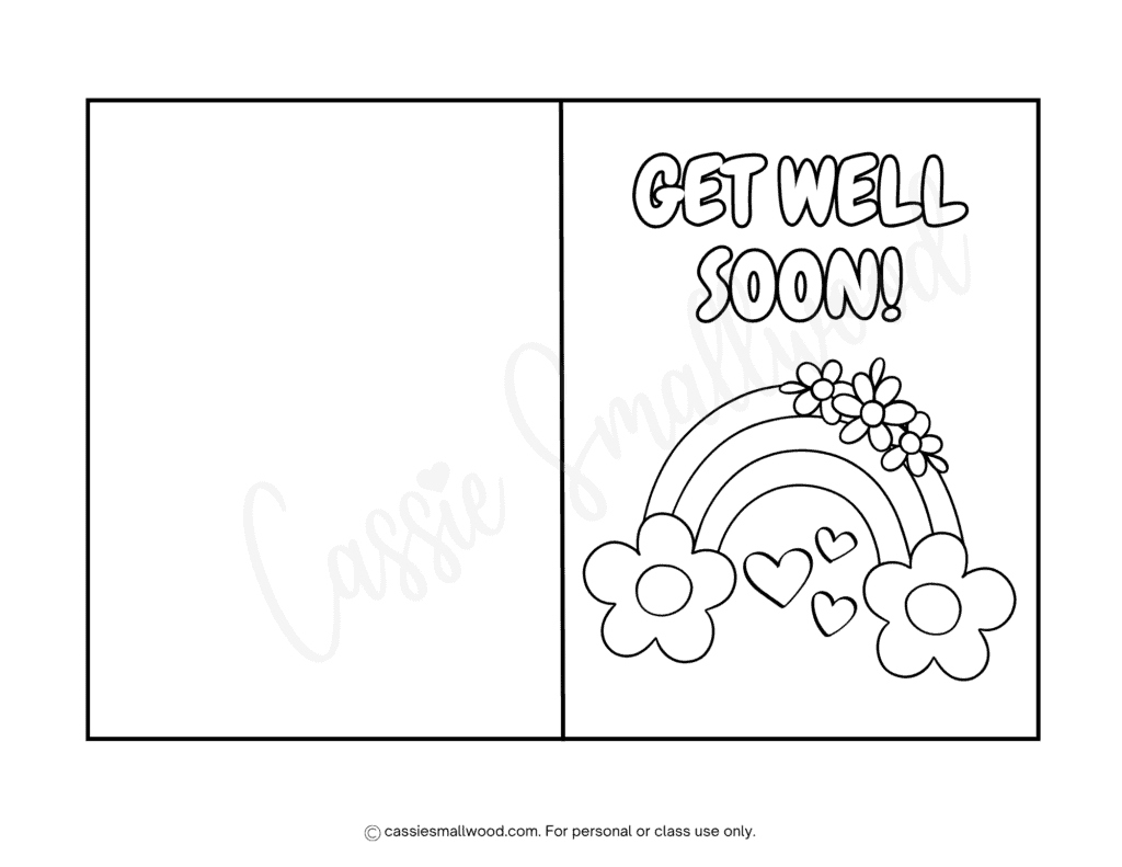 cute rainbow get well soon coloring card for kids free printable pdf, easy get well coloring page, speedy recovery coloring page, hospital get well card to color, surgery feel better coloring page