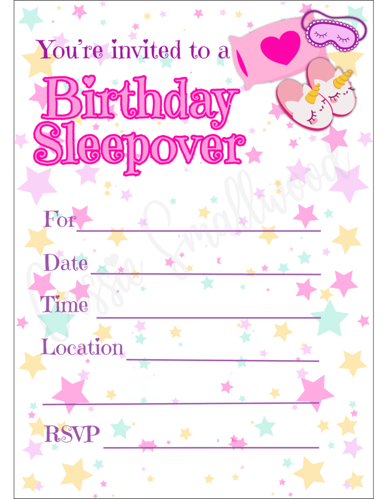 cute sleepover birthday party invitation free printable pdf, birthday sleepover invite free printable template, birthday slumber party invitation free printable pdf, birthday pajama party invitation template free printable pdf