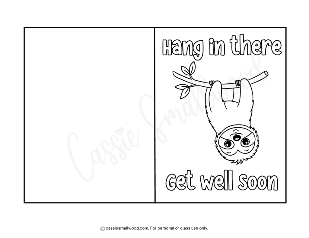 cute sloth get well soon card to color free printable pdf, cute feel better soon coloring card, cute get well coloring pages for kids, speedy recovery coloring sheets