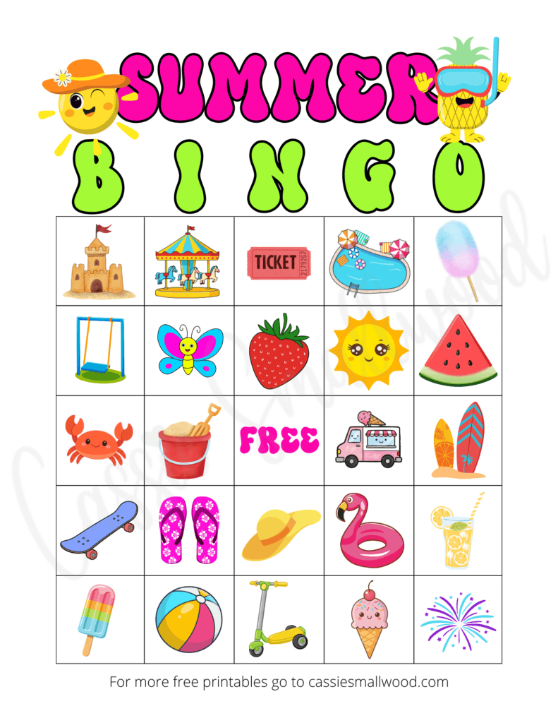 free printable summer bingo game boredom buster for kids, easy summer bingo cards free printable pdf, summer group game for kids