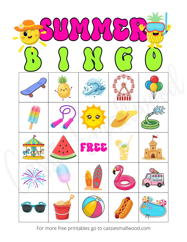 free printable summer bingo learning game for kids pdf, summer party games for kids, group game summer activity
