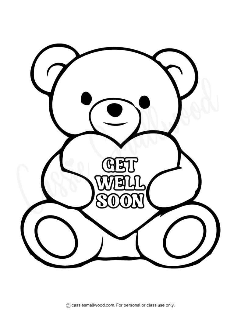 easy teddy bear get well soon coloring page free printable pdf, preschool feel better soon coloring sheet, cute hospital speedy recovery coloring page for kids