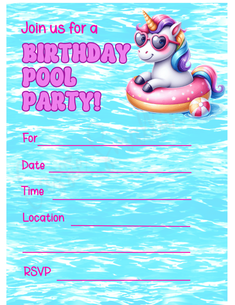 cute unicorn birthday pool party invitation free printable pdf, birthday swimming party invitations for kids, splash bash birthday invite template free printable pdf downloadable, birthday pool party invites for girls