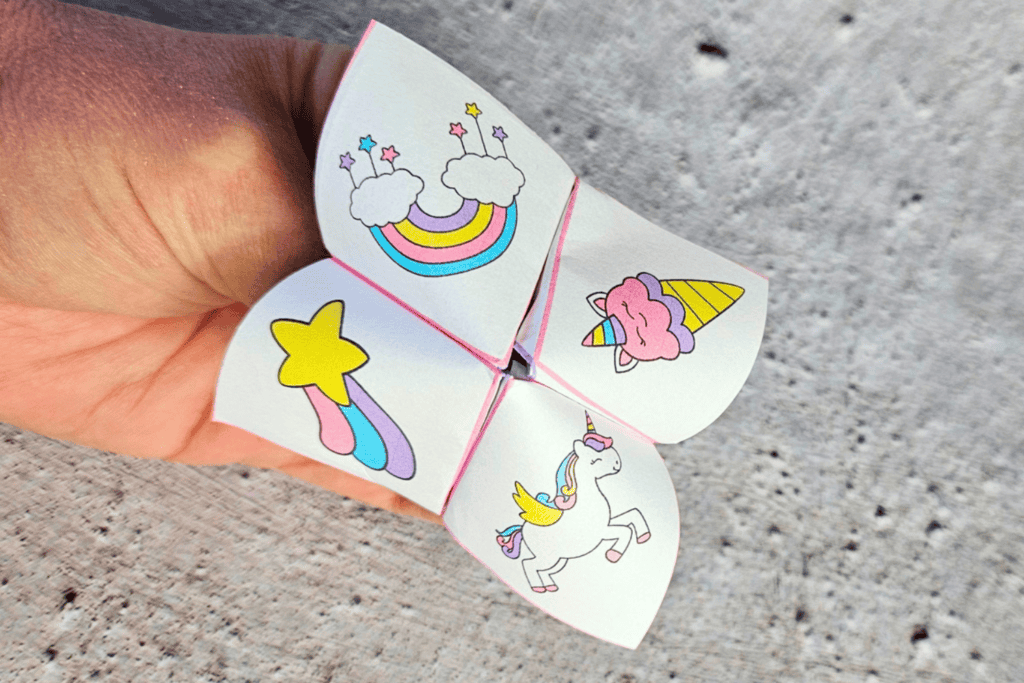 free printable unicorn cootie catcher pdf, cute unicorn paper fortune teller for kids free printable pdf, diy cootie catcher game, cute paper fortune teller, foldable paper fortune teller fun craft for kids origami