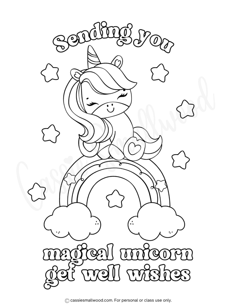 free printable unicorn get well coloring page pdf, cute feel better coloring page for kids, hospital get well soon coloring sheet free printable pdf, speedy recovery coloring page surgery
