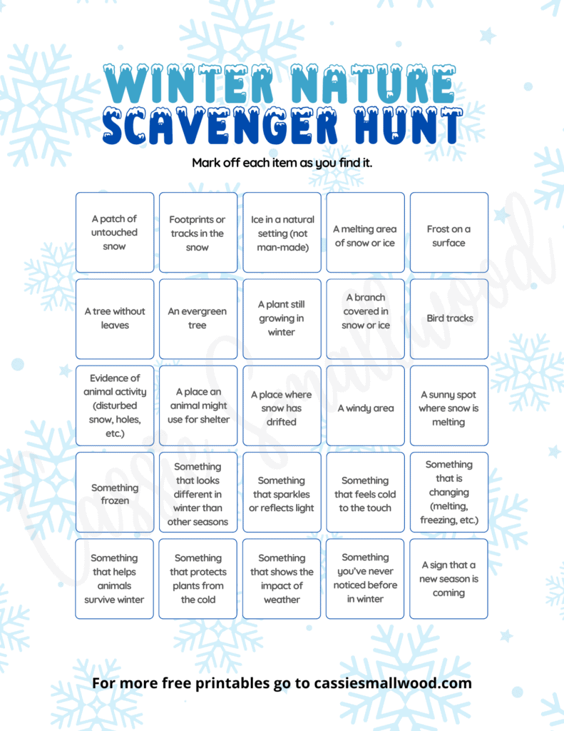 Free printable winter nature scavenger hunt for older kids pdf, outdoor winter activity for kids, winter nature scavenger hunt worksheet 3rd grade, 4th grade, 5th grade, 6th grade, winter treasure hunt for kids free printable pdf