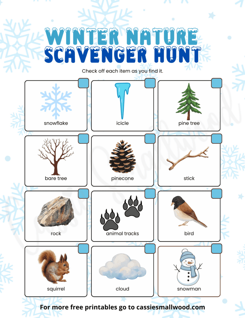 free printable winter nature scavenger hunt for preschool and kindergarten pdf, winter outdoor activity for kids, winter scavenger hunt free printable pdf