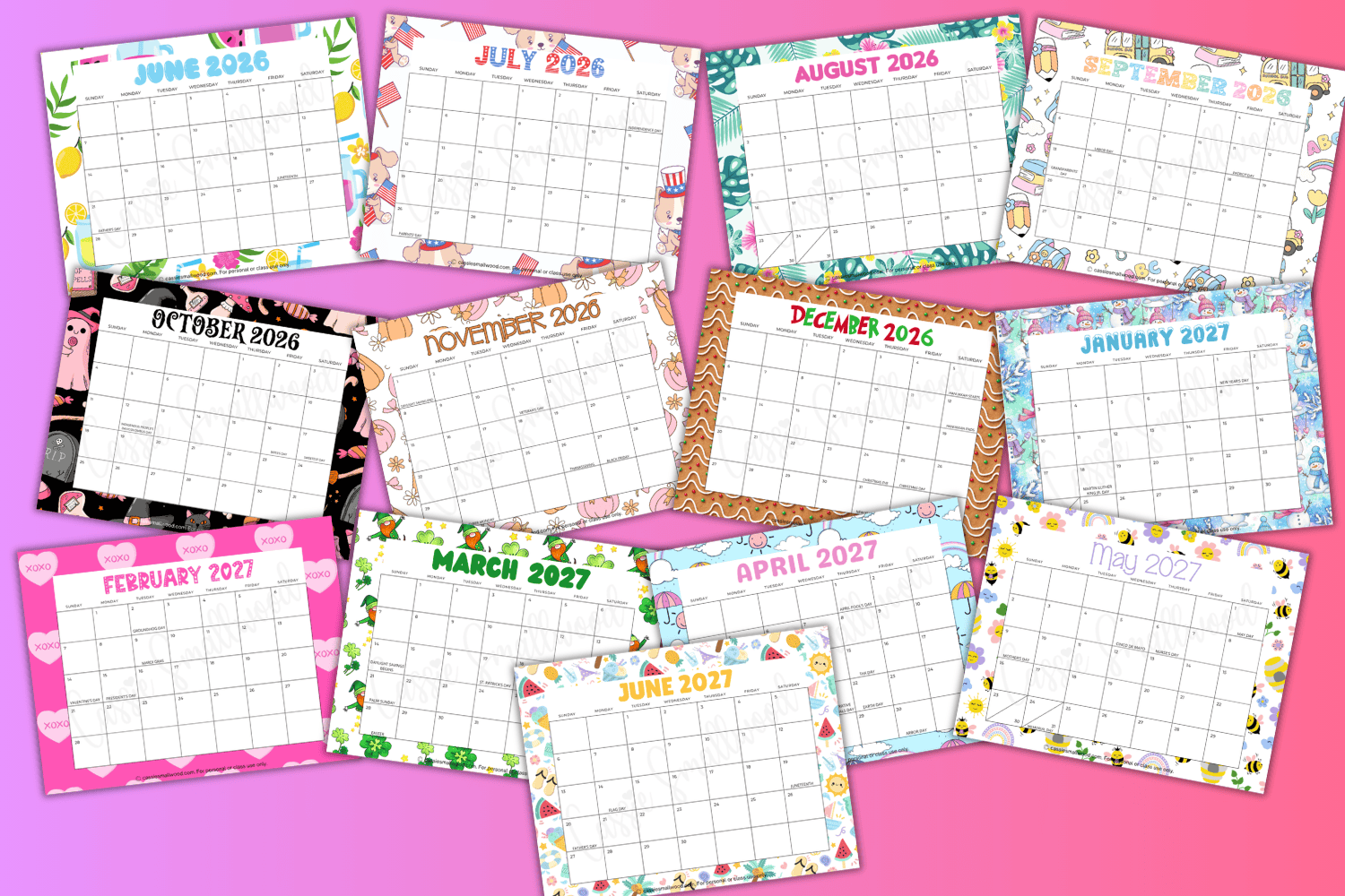 2026 2027 monthly school year calendar free printable pdf, cute teacher calendar for classroom elementary students, 2026-2027 academic monthly wall calendar bulletin board whiteboard