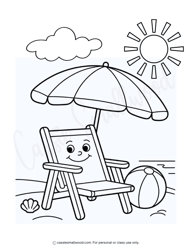 cute beach chair coloring page free printable pdf, beach coloring sheet for kids, summertime coloring page for kids, summer coloring page for kids cool