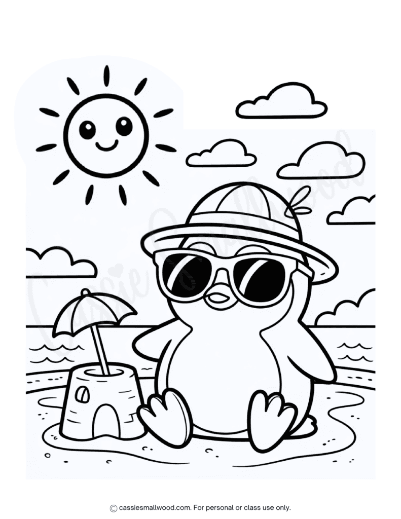 cute beach penguin summer coloring page free printable pdf, summertime coloring page for kids, beach coloring sheet for kids, summer coloring picture for kids