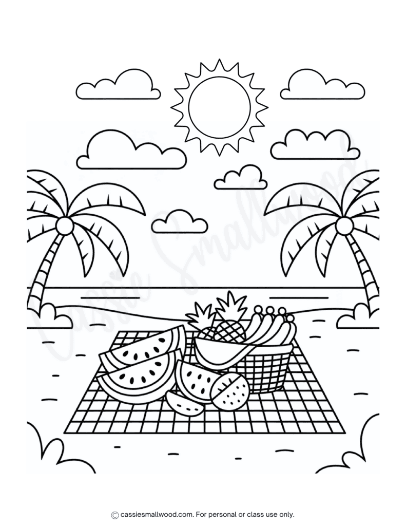 beach picnic summer coloring page free printable pdf, tropical coloring page for kids, beach scene coloring page, summer coloring sheet for kids
