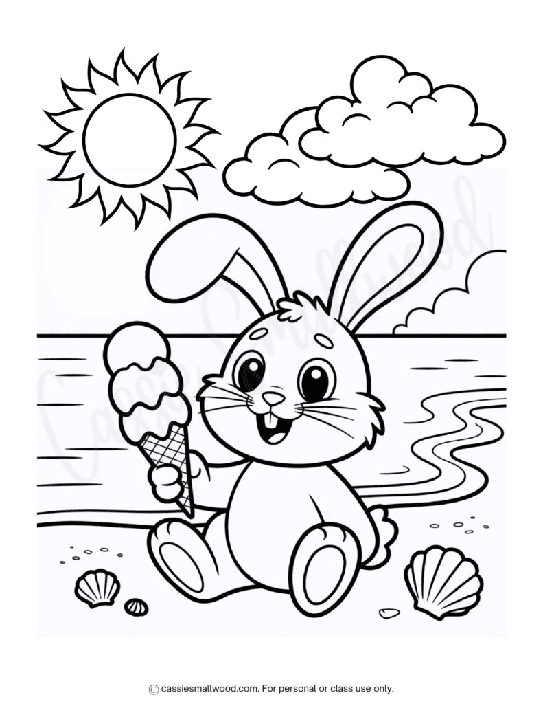 cute bunny and ice cream summer coloring page free printable pdf, beach coloring page, bunny coloring page, summer coloring sheet for kids 1st grade 2nd grade 3rd grade