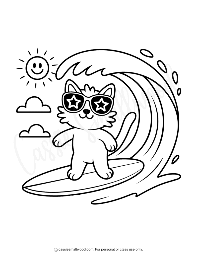 Cute cat surfing summer coloring page free printable pdf, surfing coloring page, cute cat coloring page free printable pdf, surf board coloring page
