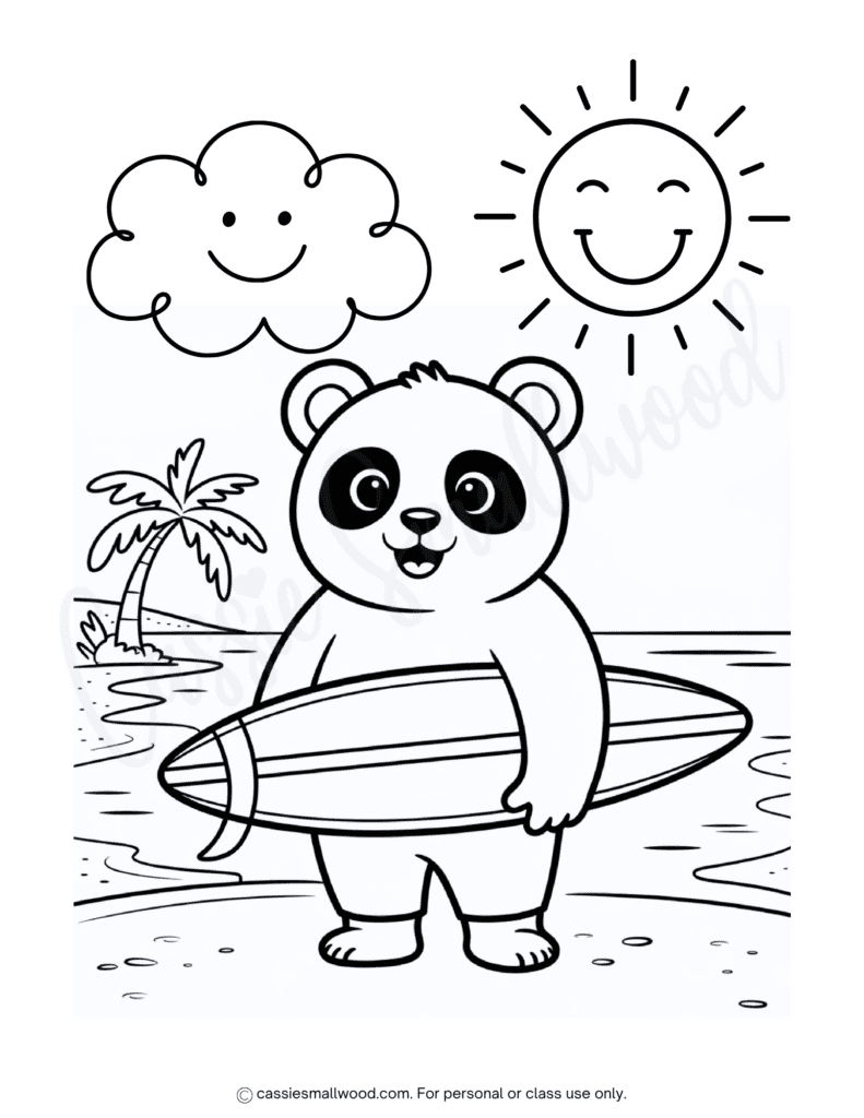 cool panda summer coloring page free printable pdf, cute summer coloring sheet for kids, beach coloring page for children, tropical coloring page kawaii, surfing coloring page