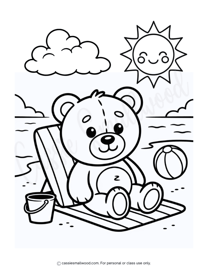 cute bear summertime coloring page free printable pdf, summer coloring page for kids, easy beach coloring page preschool kindergarten