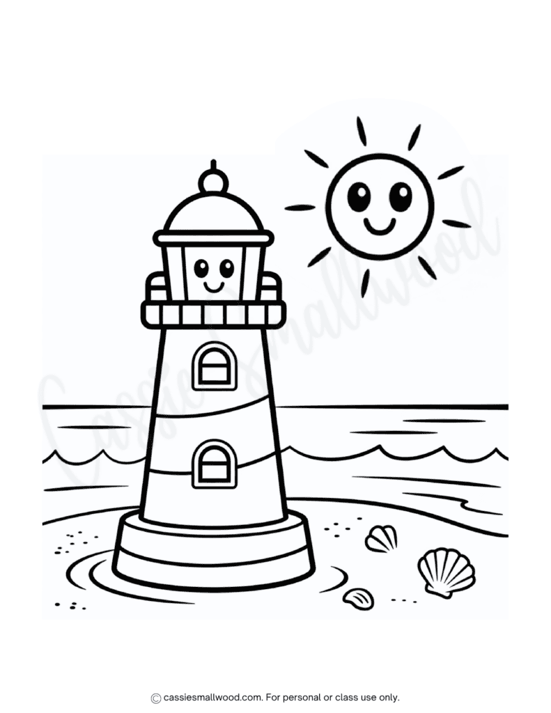 cute lighthouse coloring page for kids free printable pdf, summer coloring page for preschoolers, ocean coloring page for kids easy