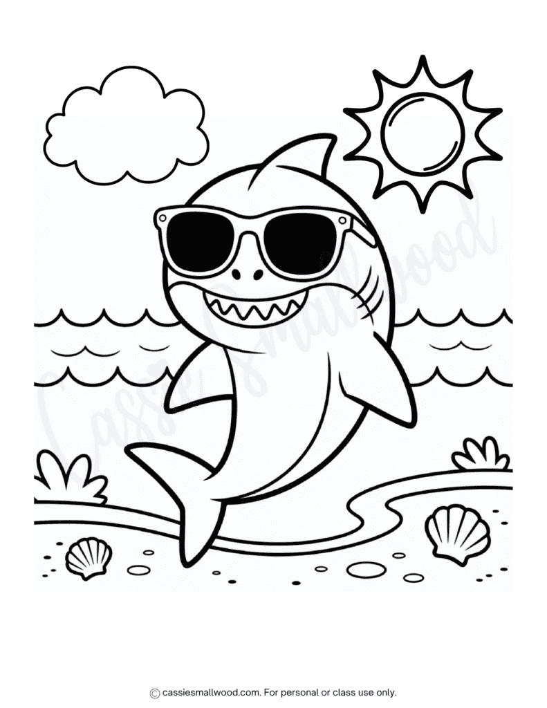 cute shark coloring page free printable pdf, summer coloring sheet for kids, beach coloring page, ocean coloring page easy fun