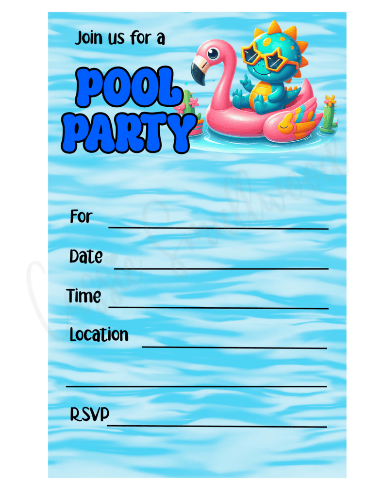 dinosaur toddler pool party invitation free printable pdf, downloadable summer pool party invitation template, kids swim party invite free printable, kids pool party invite template free download