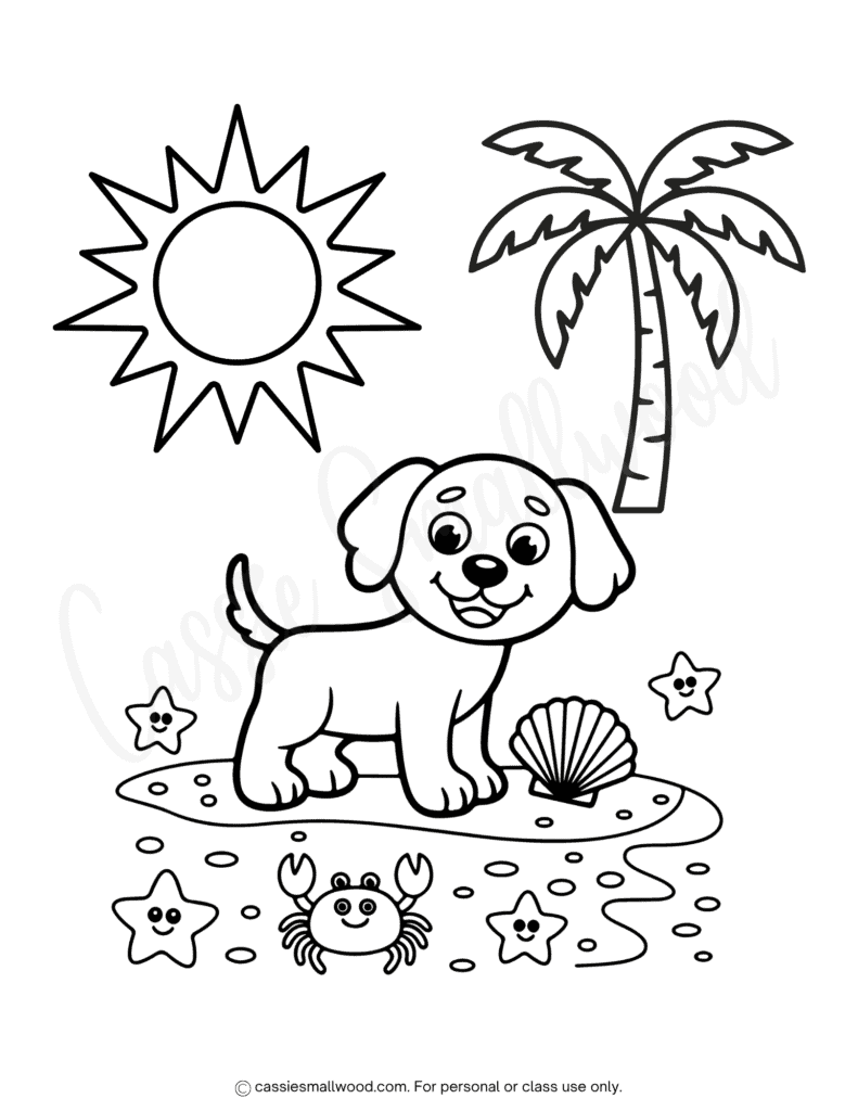 dog on the beach summer coloring page for kids free printable pdf, tropical summer coloring sheet preschool, cute summer beach scene coloring page