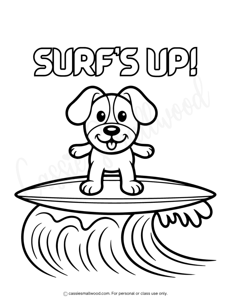 cute dog surfing summer coloring page free printable pdf, surfing coloring page, cute dog coloring page, summer coloring sheet, surfboard coloring page