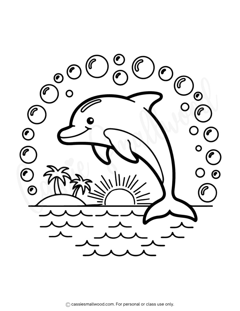 dolphin ocean summer coloring page free printable pdf, dolphin coloring page for kids, ocean coloring page, summer coloring sheets easy preschool kindergarten