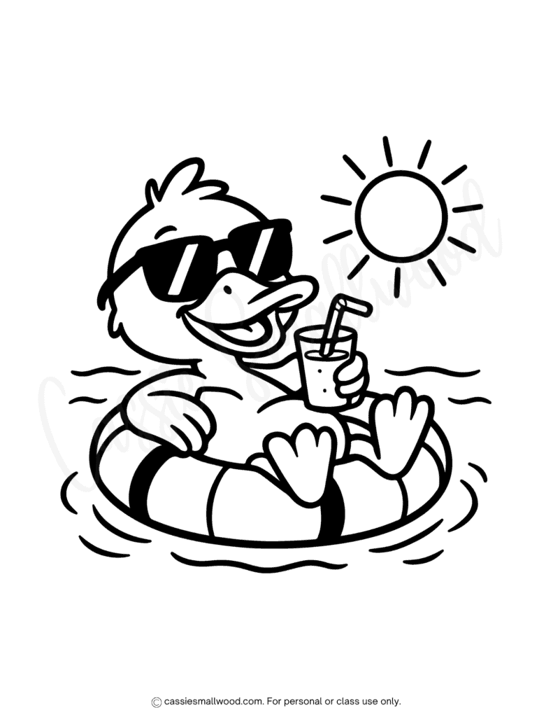 duck summer coloring page cute free printable pdf, swimming coloring page, summer coloring sheet for kids easy simple duck coloring page