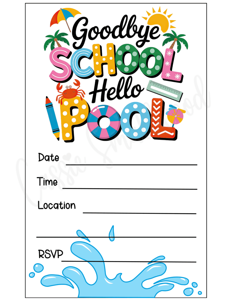 cute end of school pool party invitations free printable pdf, end of school swim party invitations, end of school pool party invite template, end of school swimming party invite for kids downloadable