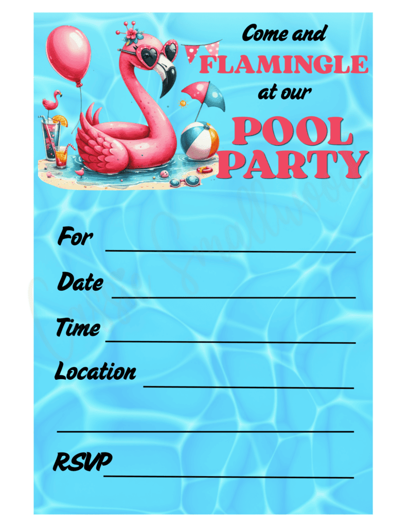 cute flamingo pool party invitations free printable pdf, flamingo swim party invitation, cute summer pool party invite, kids swimming party invitation template