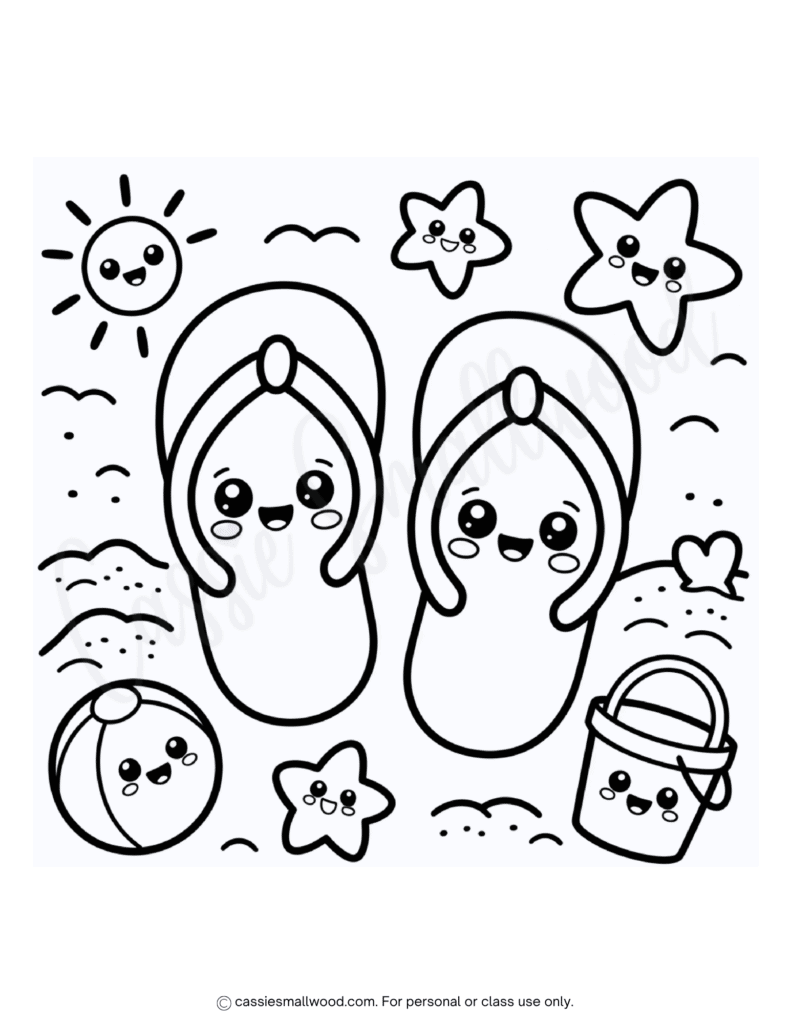 kawaii flip flops summer season coloring page free printable pdf, beach coloring page for kids, flip flops coloring page cute, summer coloring page preschool